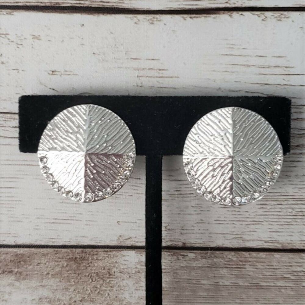Vintage Clip On Earrings - Silver Tone Creased Circle with Clear Gems